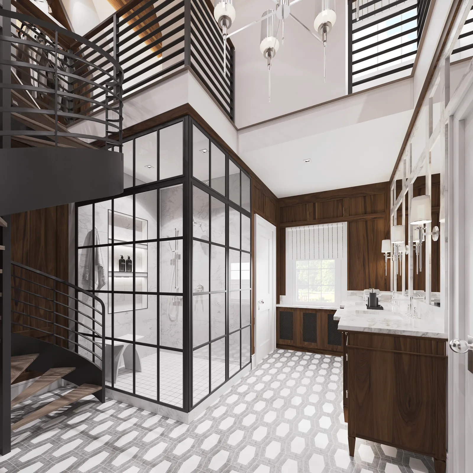 Primary bath with a steel-framed shower and patterned floor
