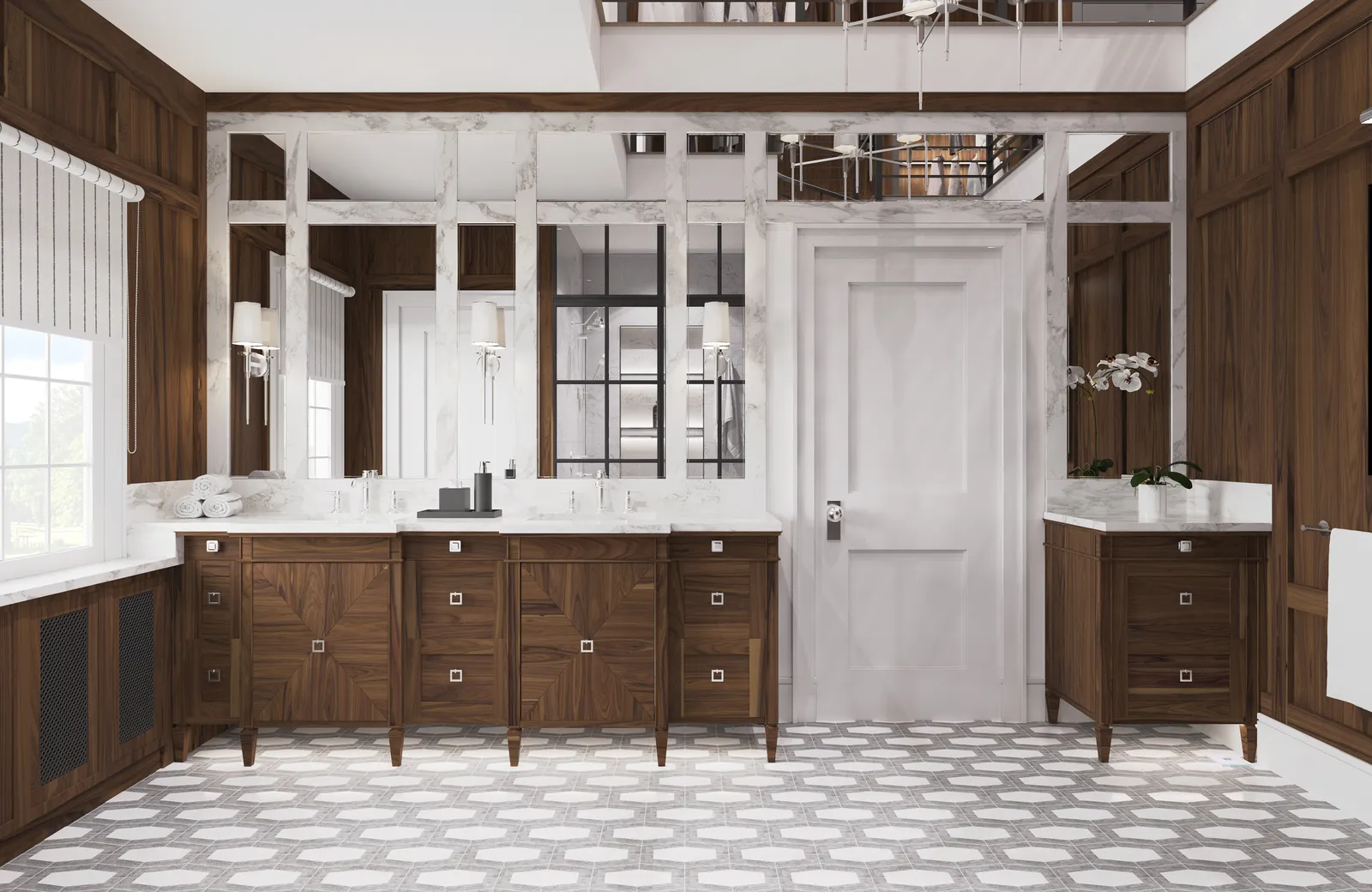 Walnut double vanity and closet entry