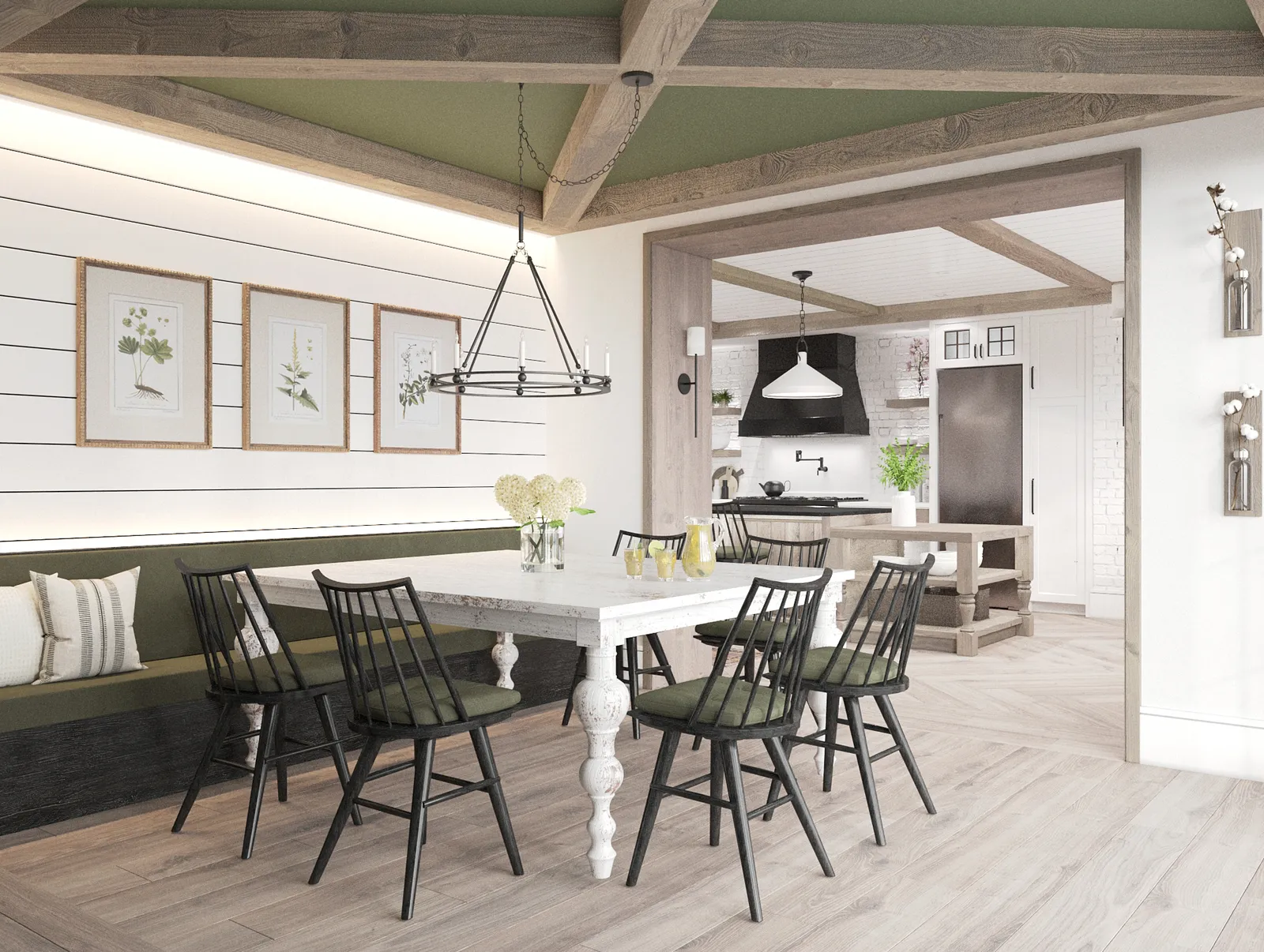 Breakfast nook with a banquette and botanical prints
