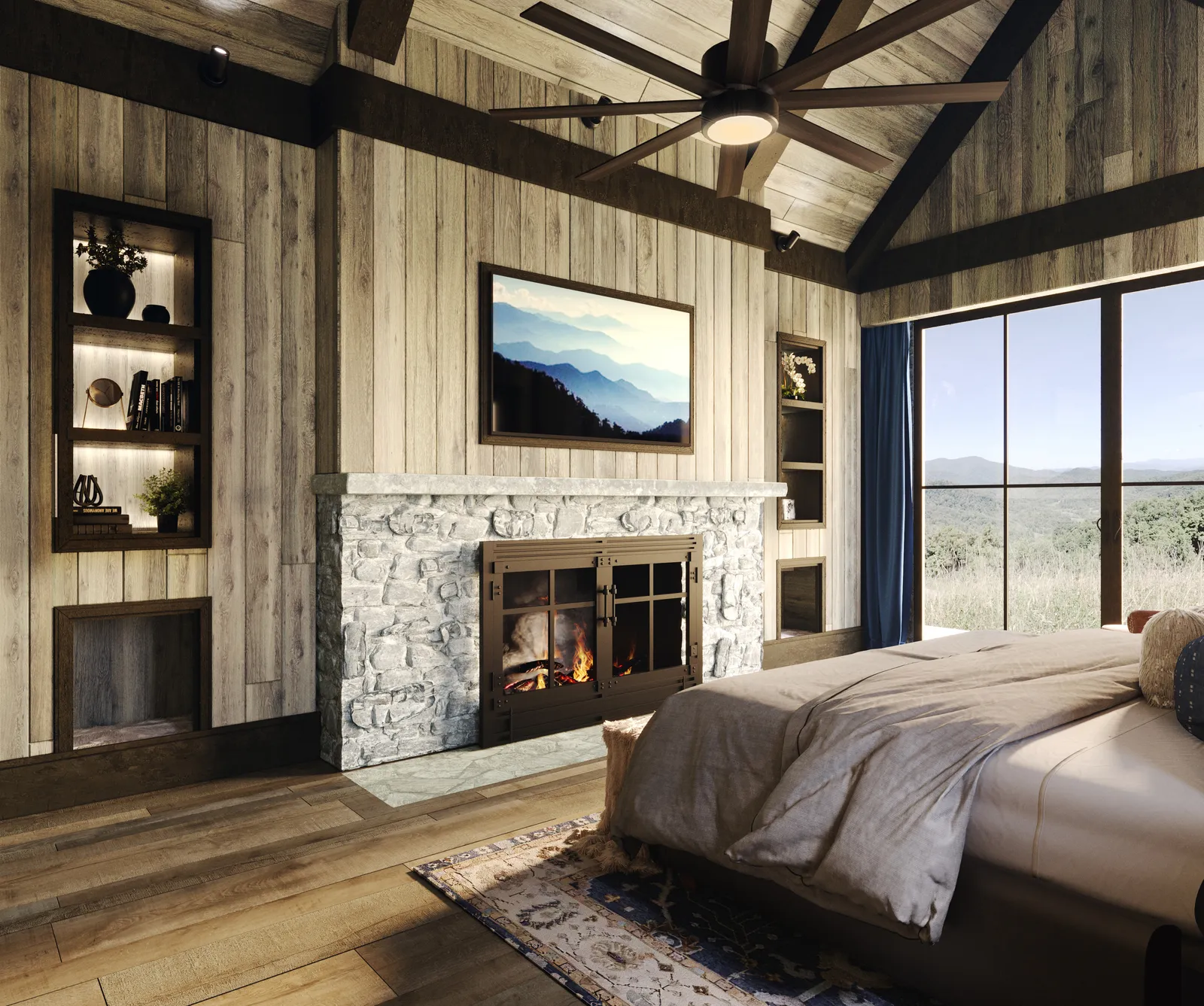 Primary bedroom with barnwood walls and a stone fireplace