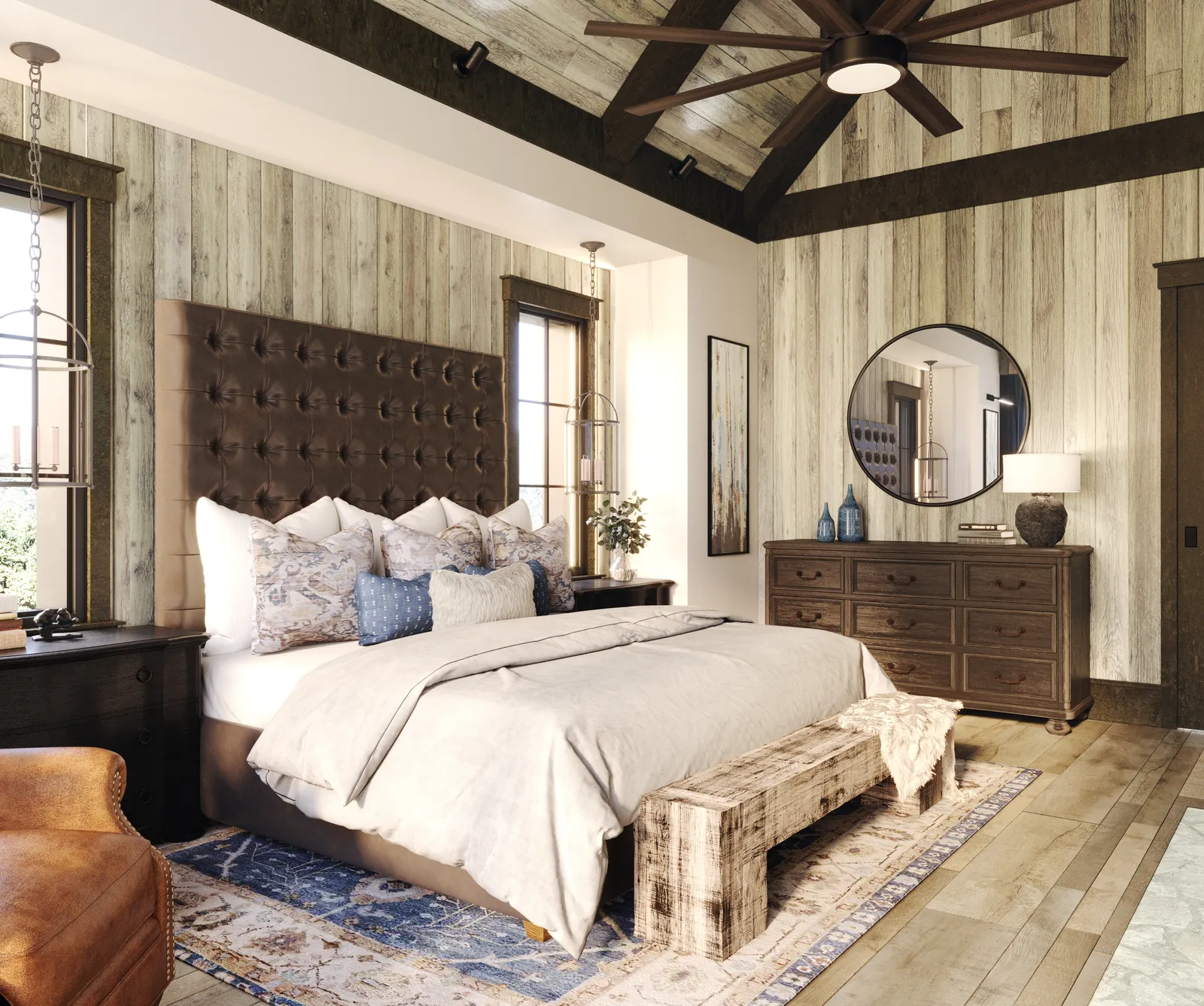 Upholstered bed with a tall tufted headboard under a timber ceiling