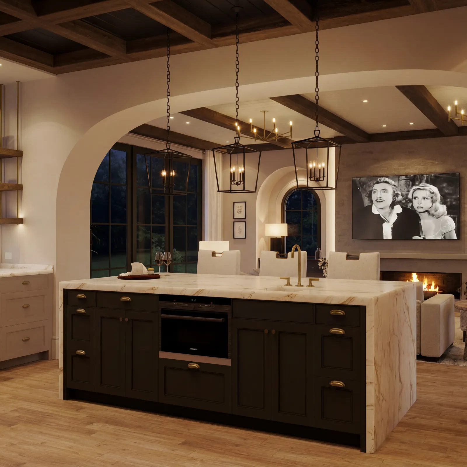 Kitchen island in dark shaker cabinetry, evening light