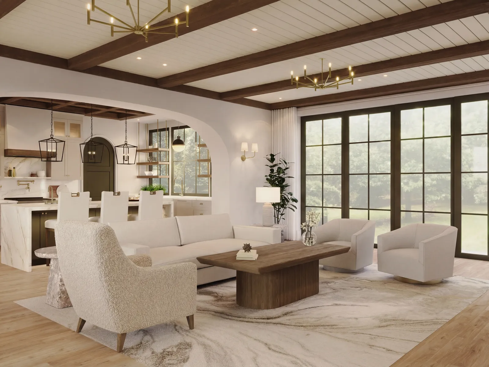 Living room with boucle chairs and a walnut coffee table, daylight