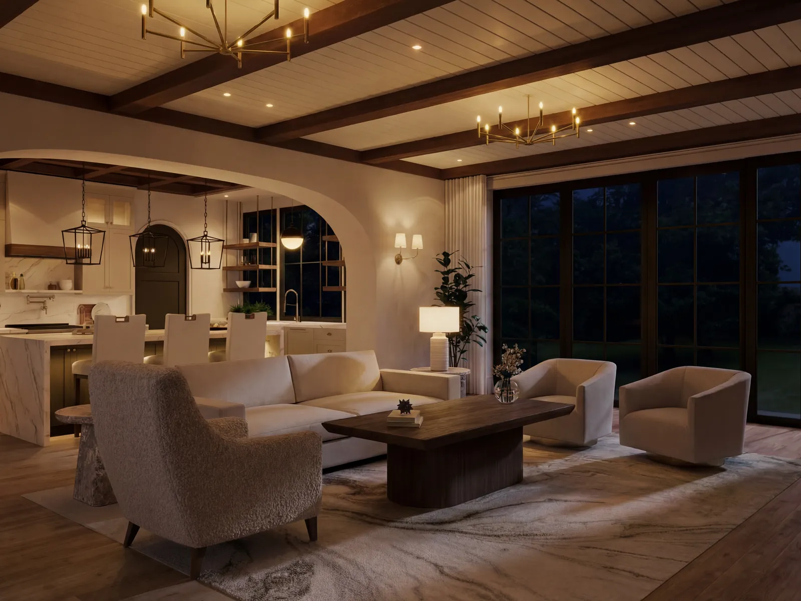 Living room in the evening with lamps and fireplace
