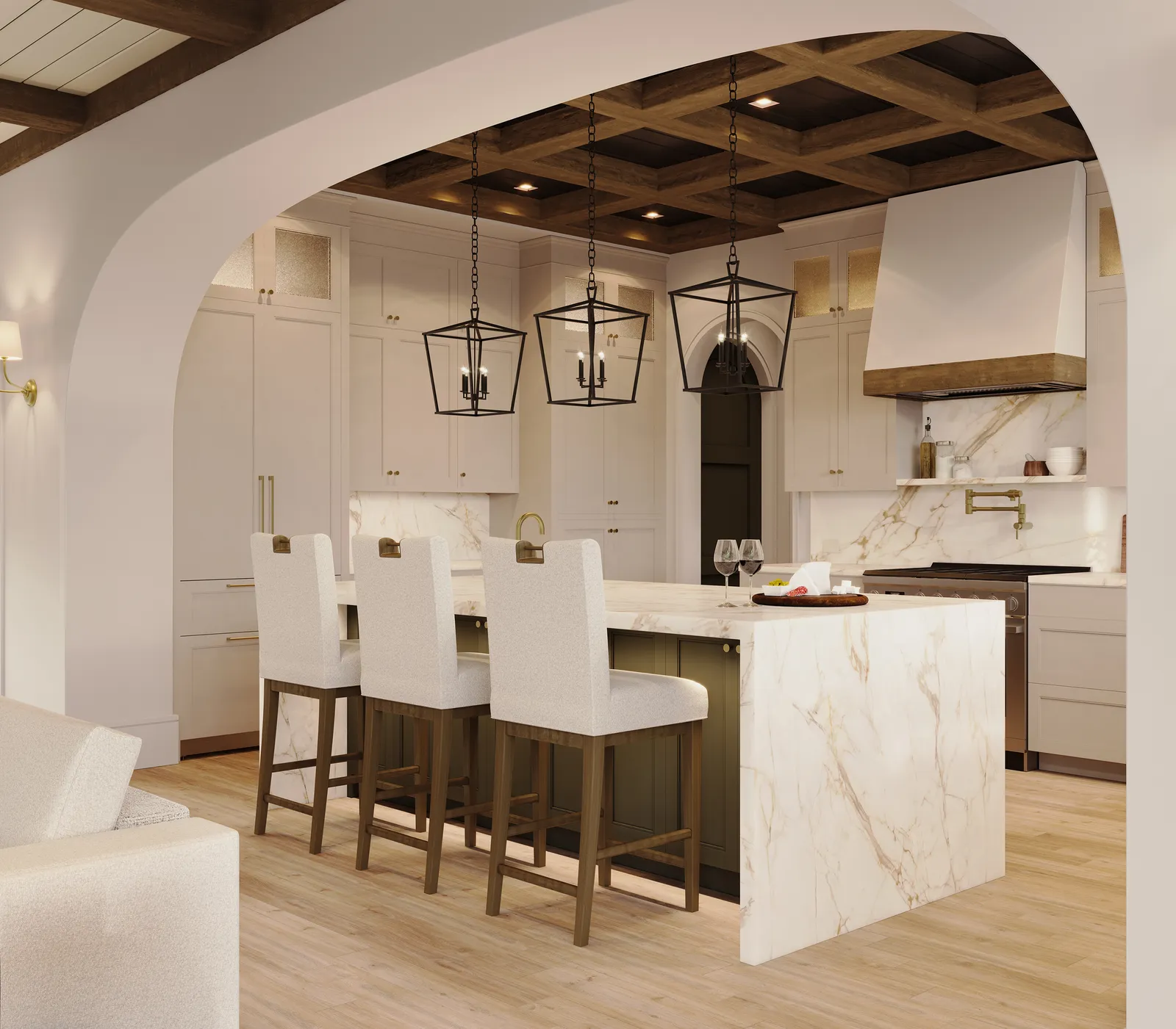 Marble waterfall island under three lantern pendants