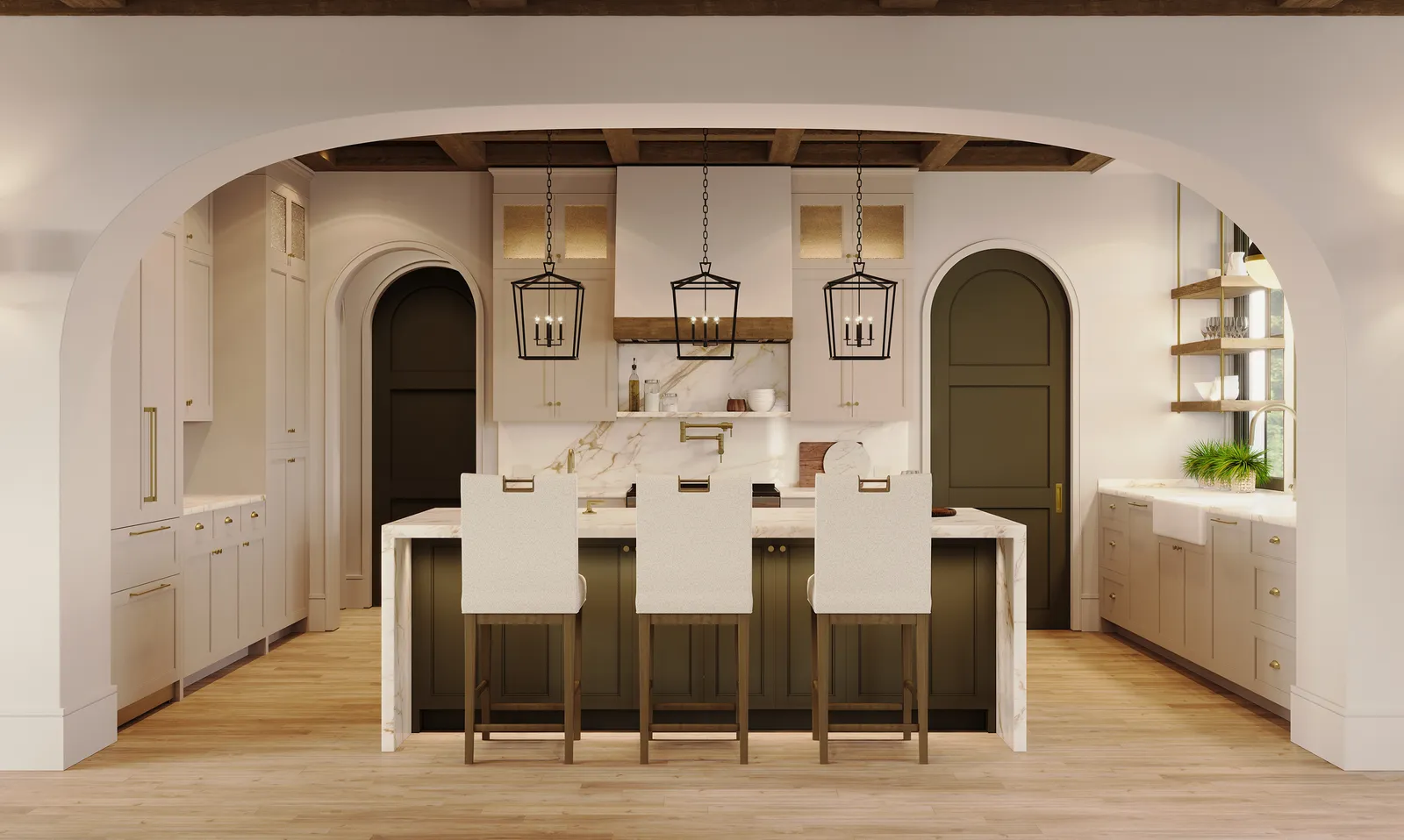 Kitchen framed by a plaster arch with lantern pendants