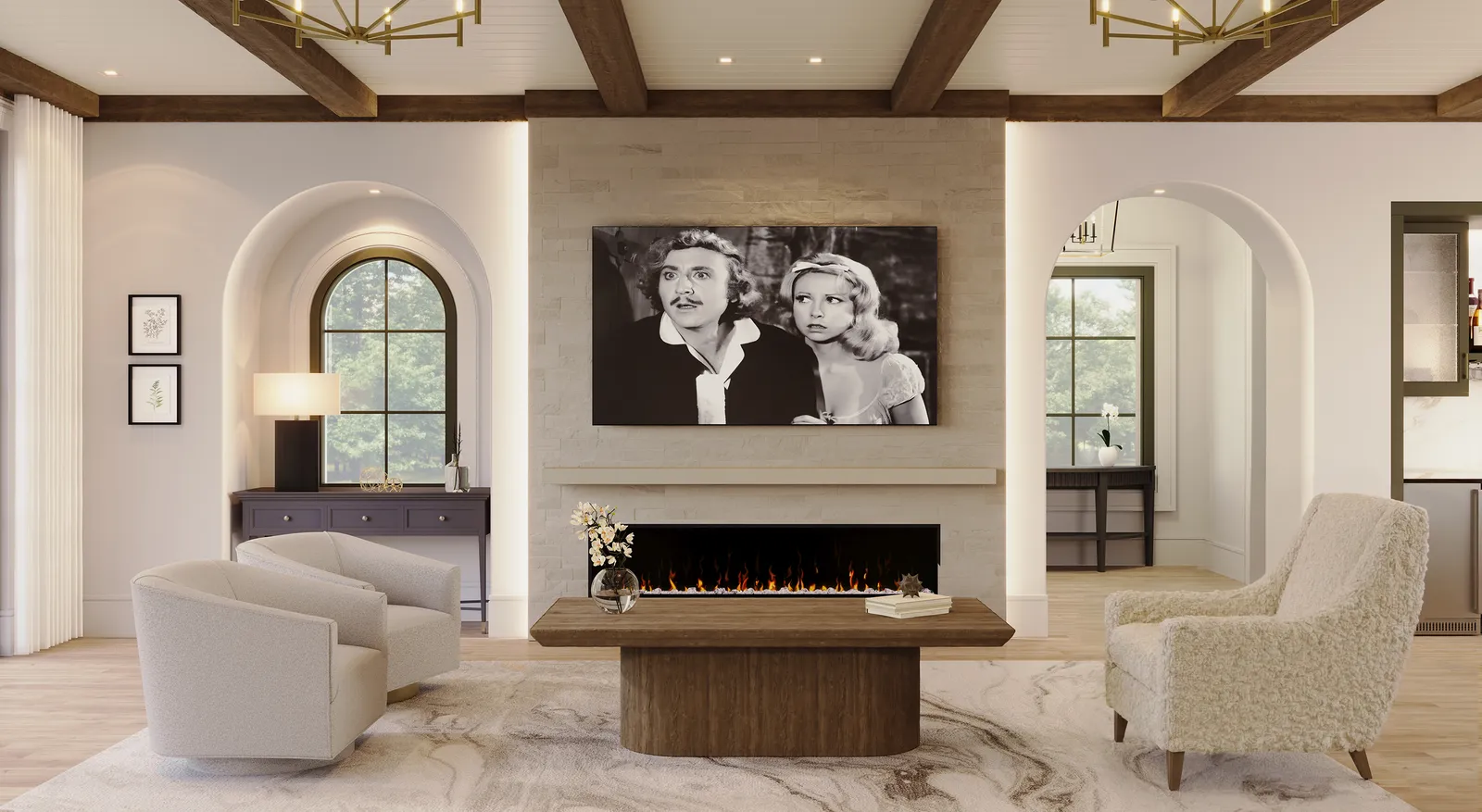 Linear fireplace wall flanked by arched niches