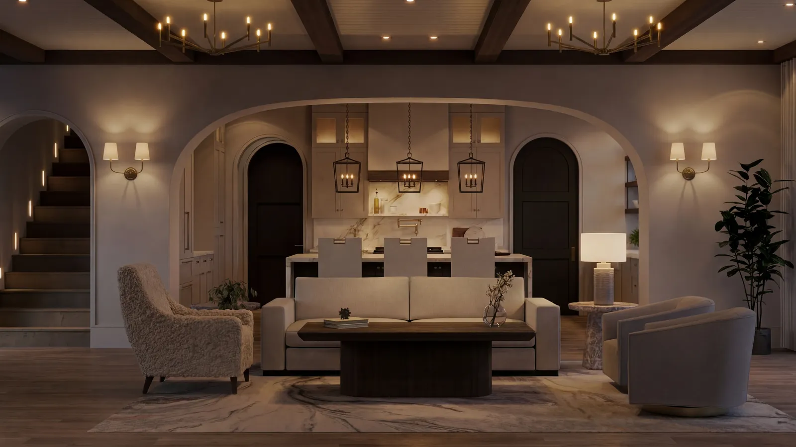Evening view across the living room to the kitchen arch
