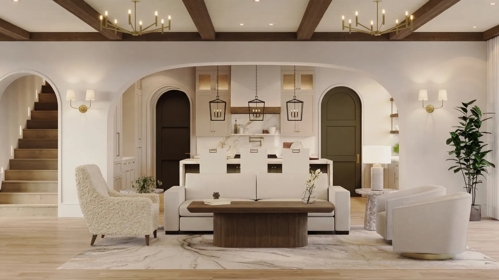 Living room toward the kitchen arch and stair