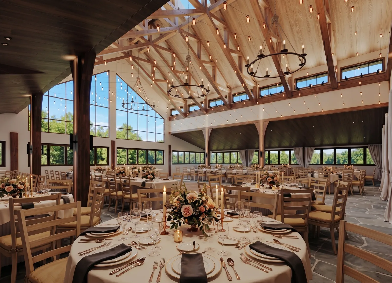 Round tables set for dinner in daylight
