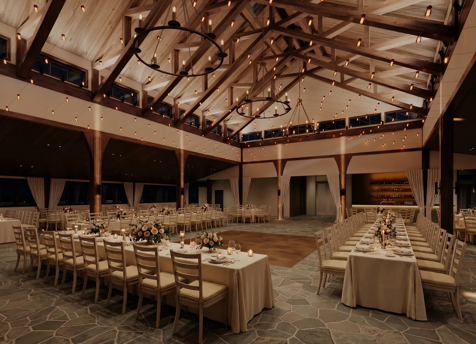 Long banquet tables at night