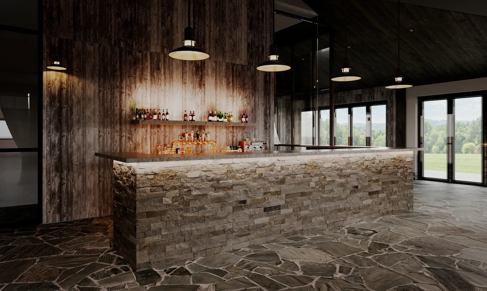 Stone-faced bar with a barnwood back wall