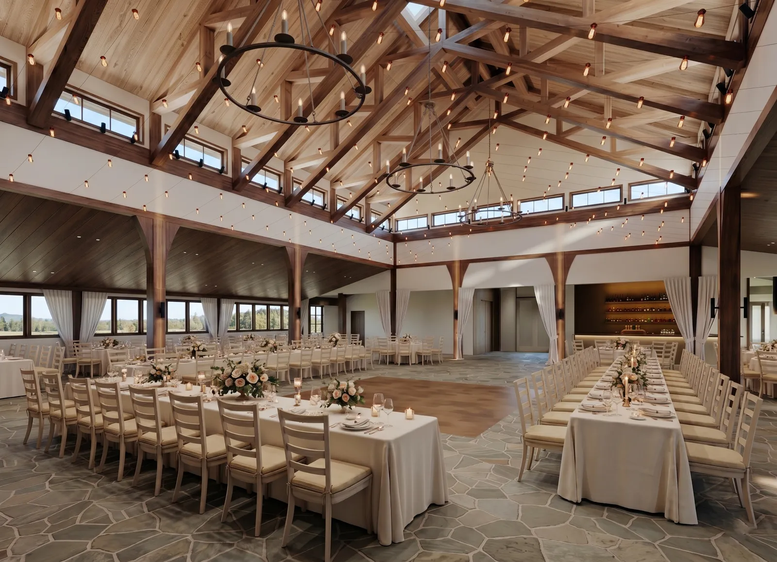 Banquet tables in daylight