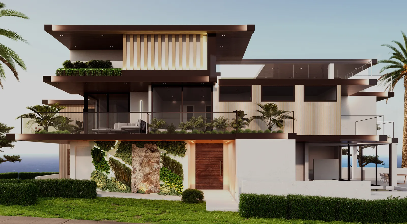 Contemporary villa with layered terraces and planted walls