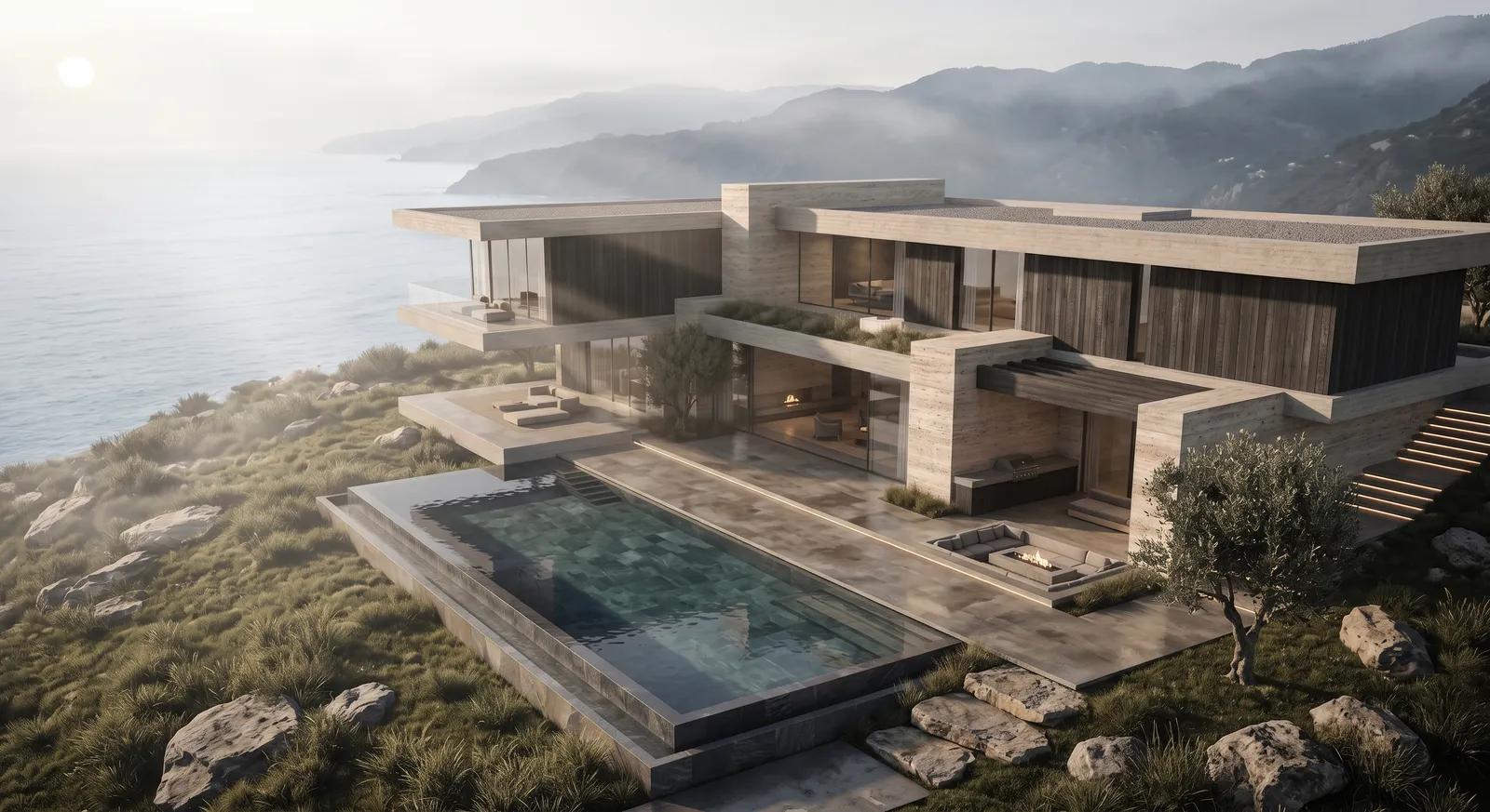 Stone-and-timber villa on a sea cliff with an infinity pool
