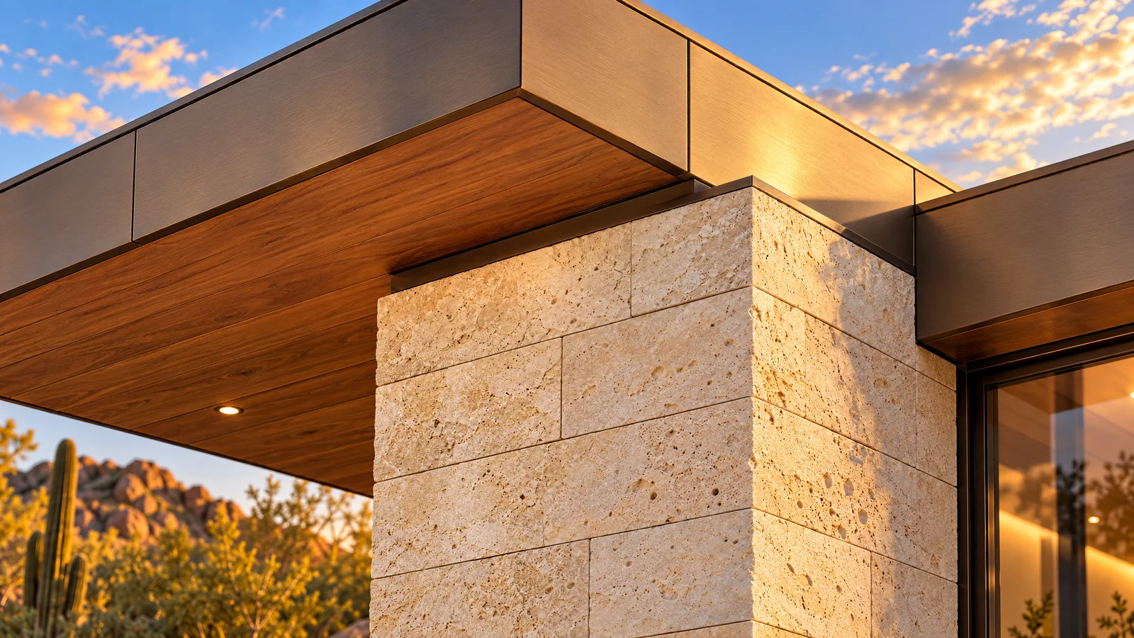 A bronze fascia over the walnut soffit.