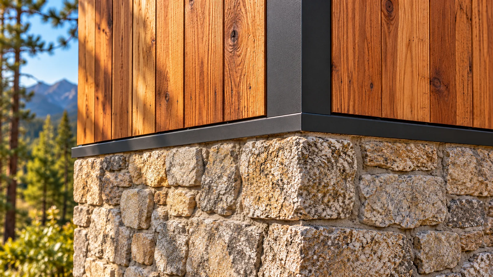 Cedar meets fieldstone at a black steel corner.
