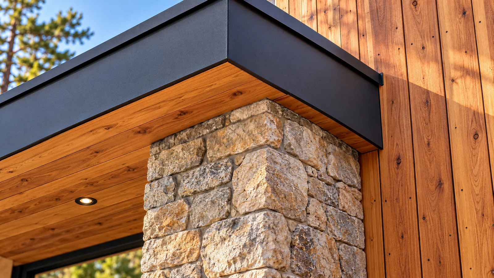 Under the eave: a fir soffit, a stone pier, the cedar wall.