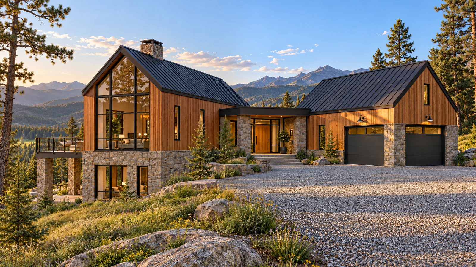 Larkspur Ridge, a cedar and stone house among pines with the mountains behind, late afternoon